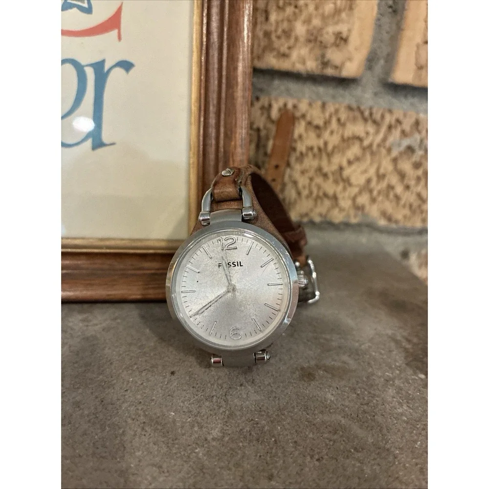 Fossil Georgia ES3060 Women's Slim Brown Leather Strap Analog Silver Dial Watch